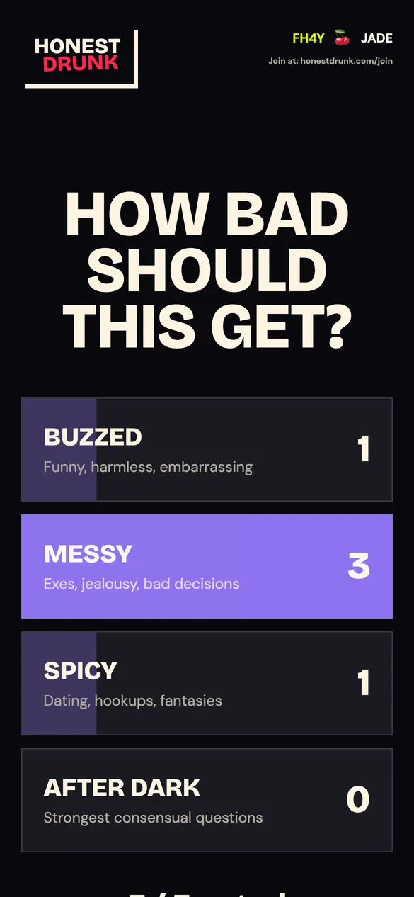 The room votes on the intensity: Buzzed, Messy, Spicy or After Dark