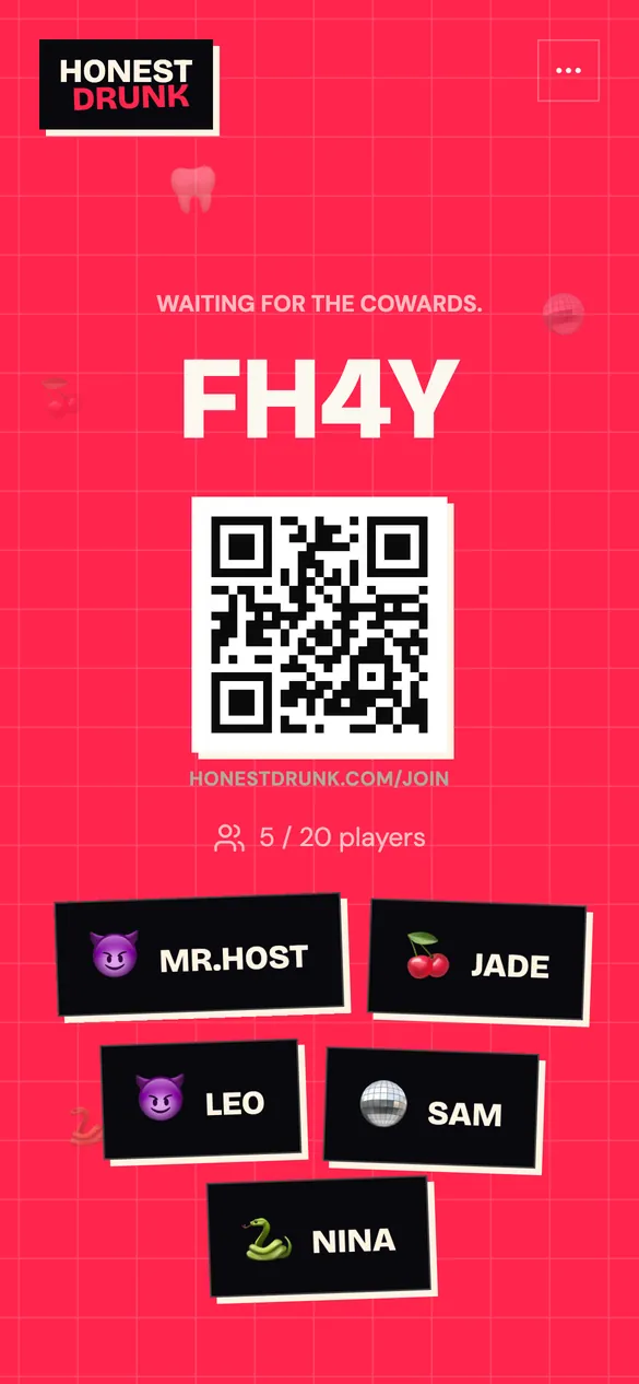 Honest Drunk host lobby with the room code and QR code